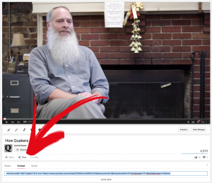A red arrow points to the "Embed" button found when you click "Share" on a QuakerSpeak video's YouTube page.