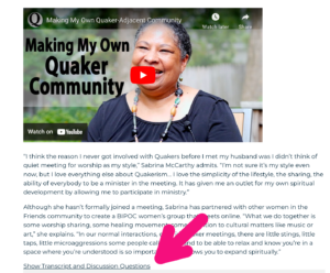 A red arrow points to the link found at the bottom of every QuakerSpeak video description.